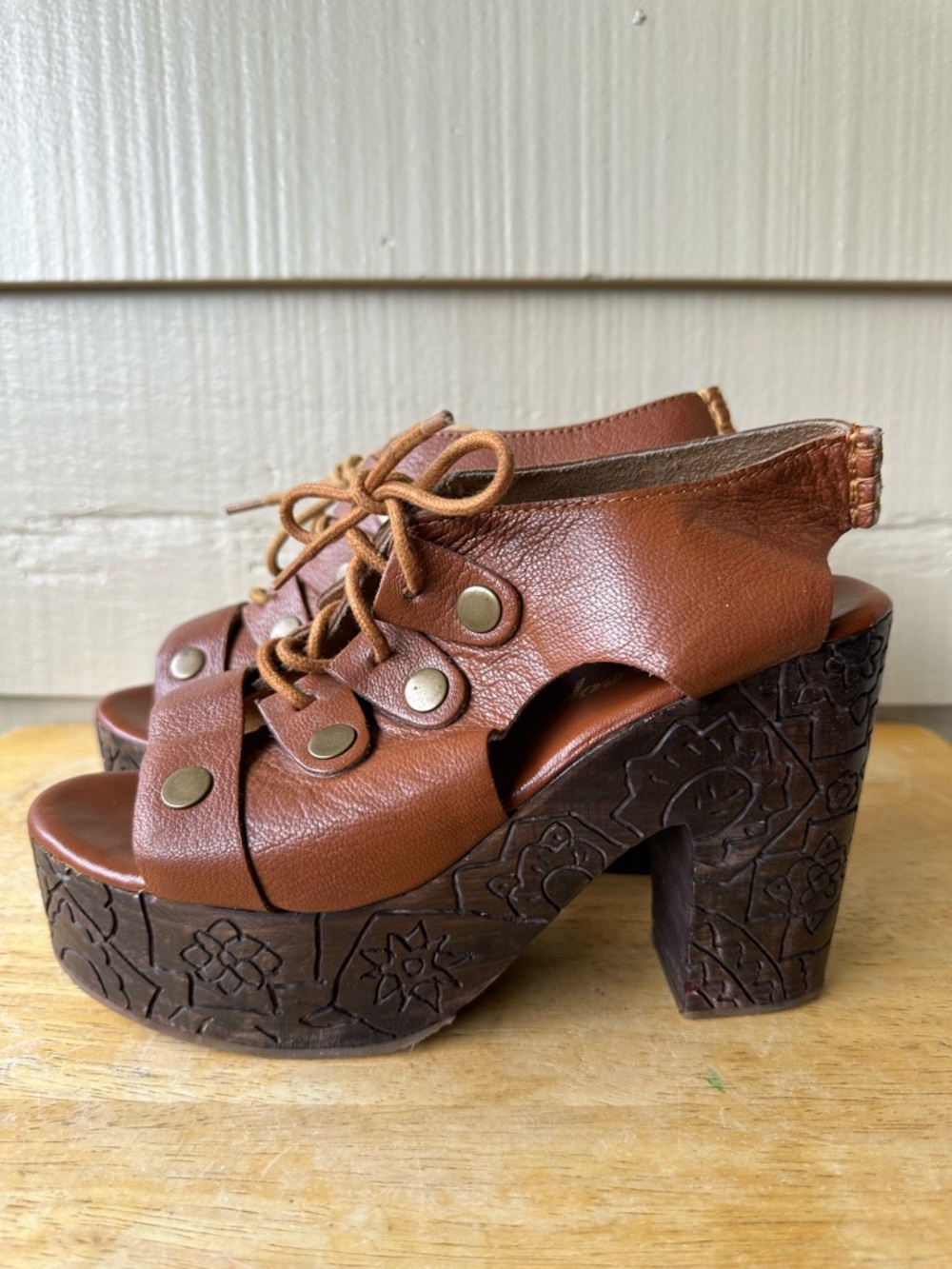 Free People Farrah Brown Leather Wooden Heel Engraved Platform Sandal Brown